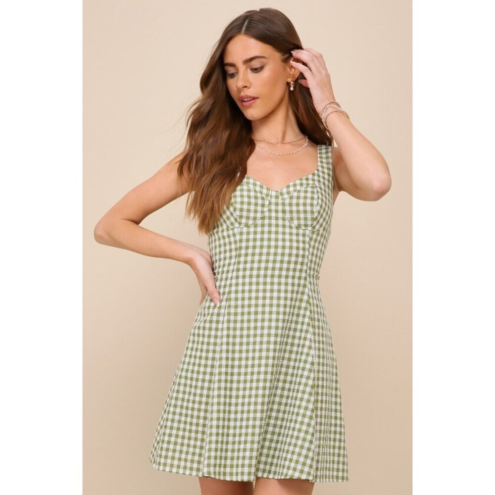 Lulus Pristine Chicness Green Gingham Sleeveless Bustier Mini Dress - Size S